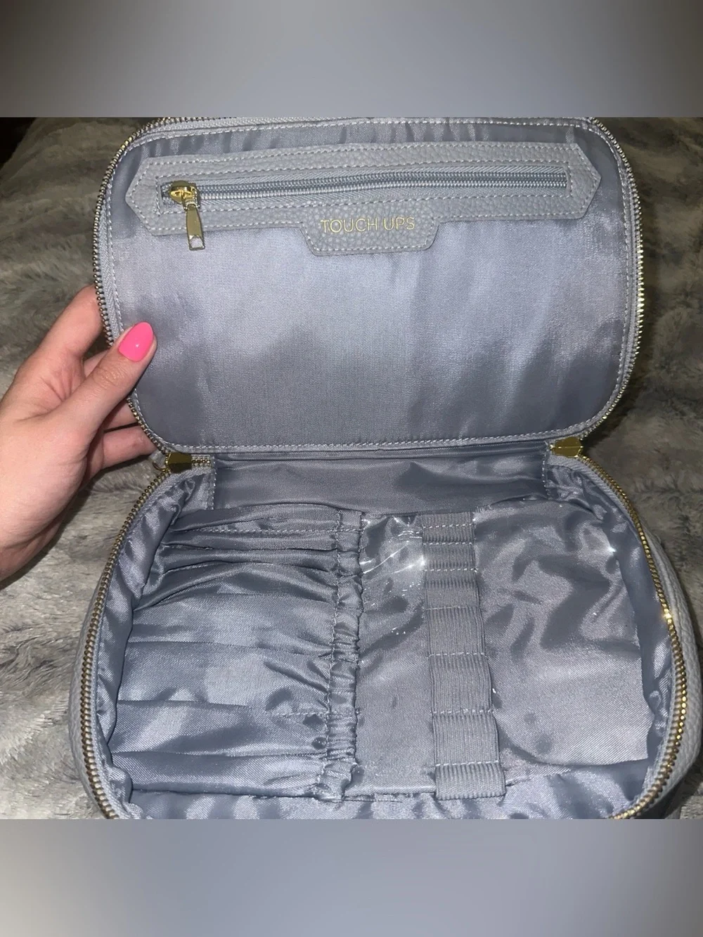 Grey leather double layer makeup bag